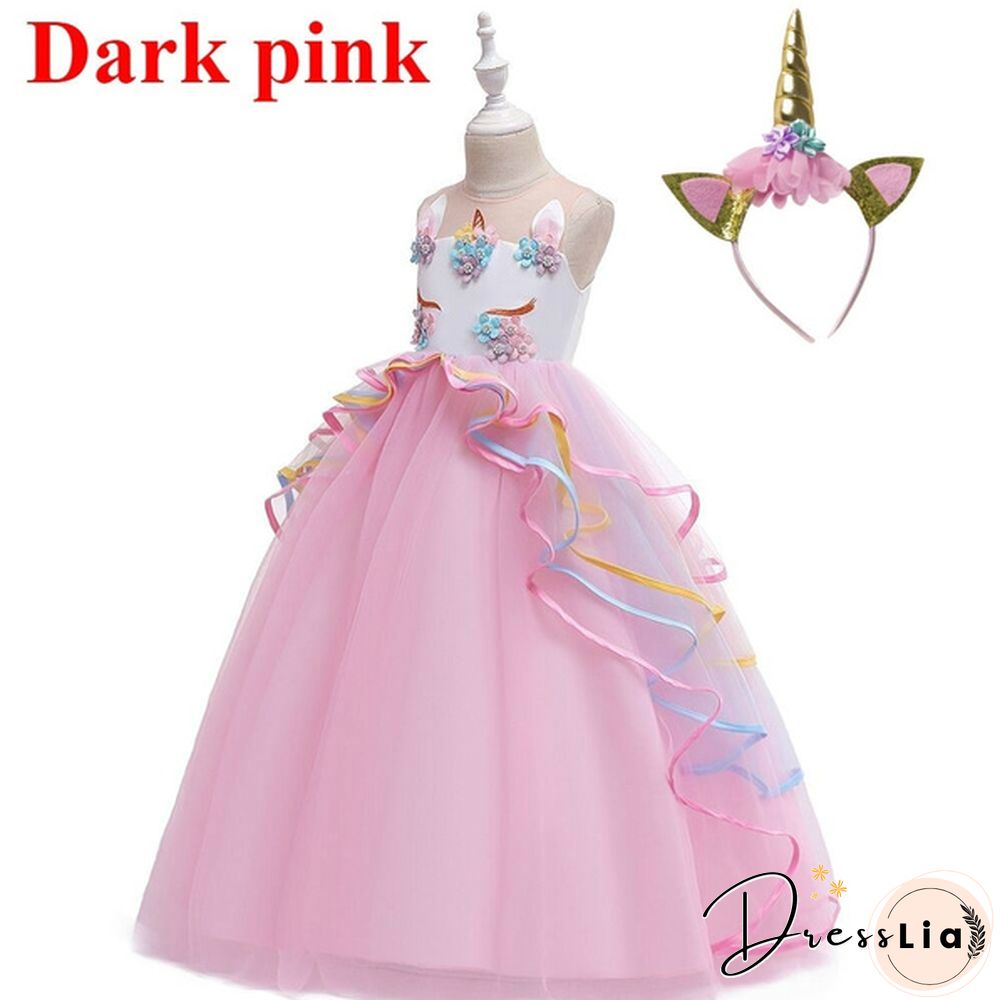 Summer Kids Girl Layered Tulle Unicorn Outfits Dress Headband for Carnival Halloween