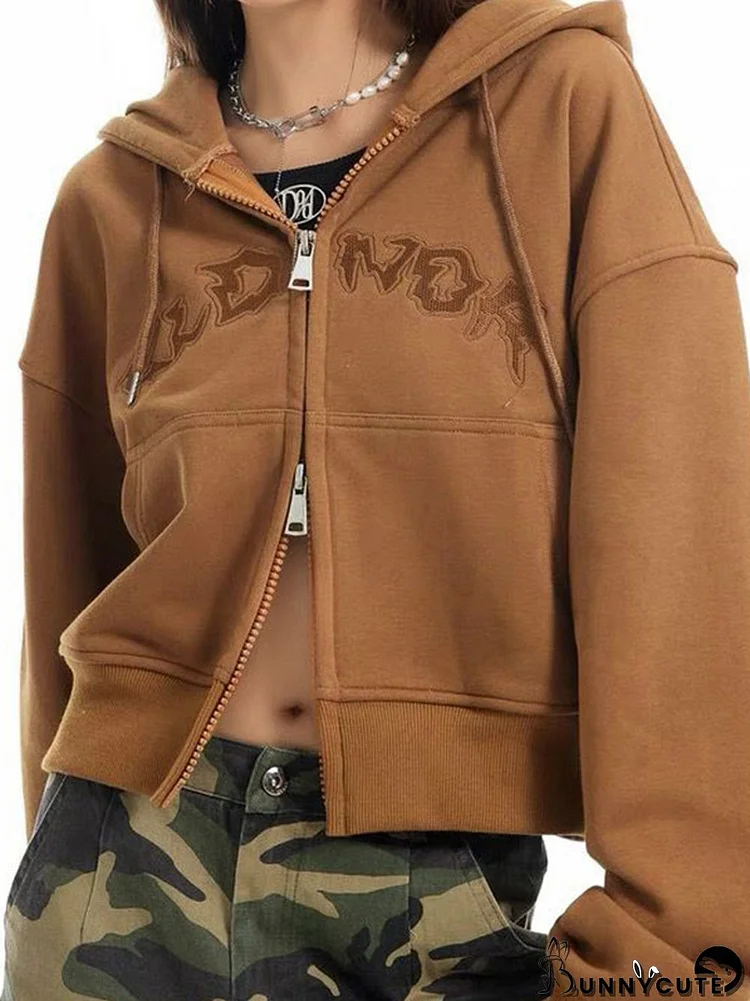 Letter Embroidery Double Zipper Short Oversized Hoodie