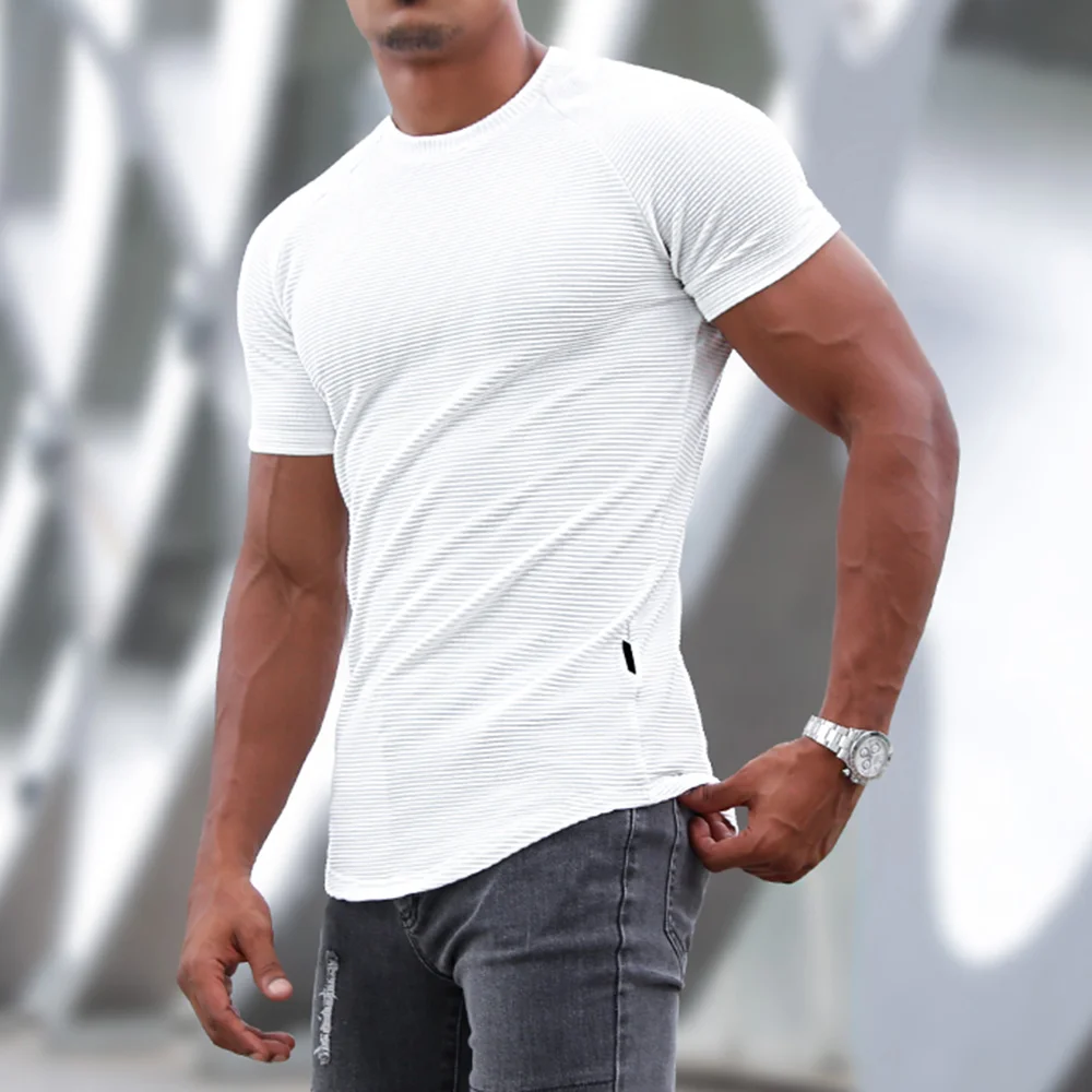 Men's Sports Short-sleeved Fitness Training T-shirt Running Top Casual Slim Round Neck Solid Color Cotton Bottoming Shir、、URBENIE