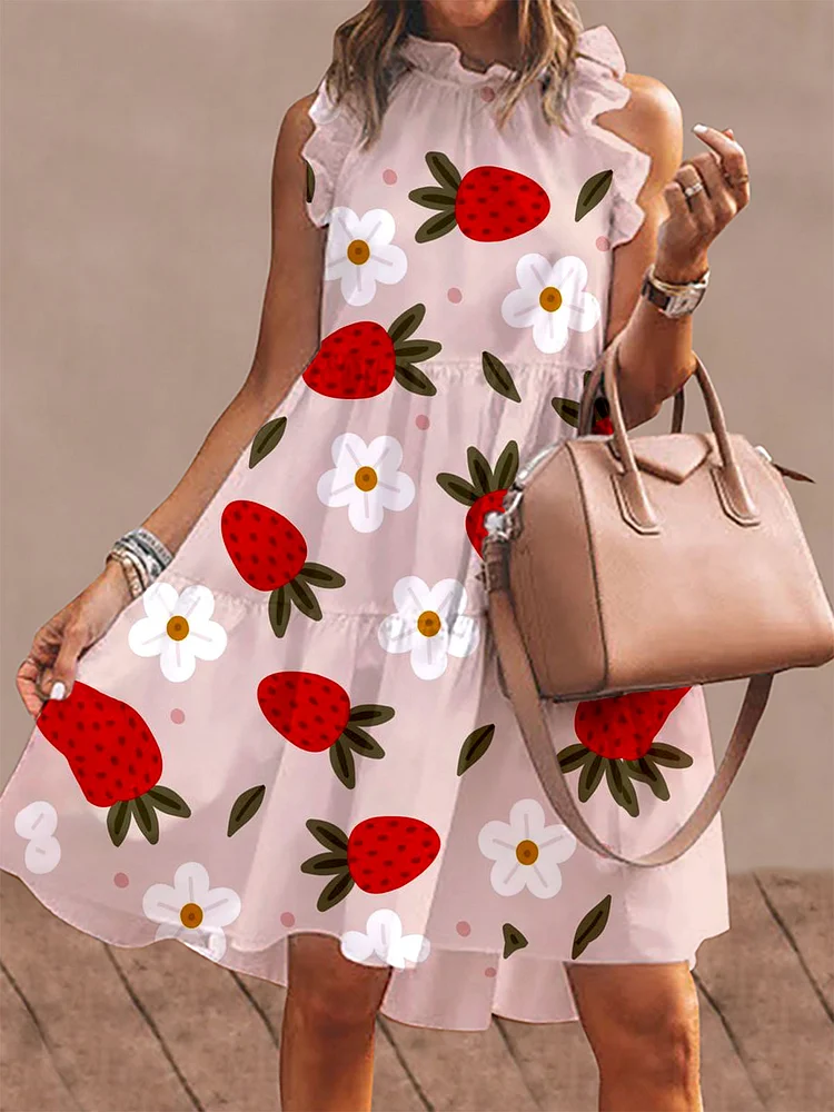 Women's Strawberry Floral Patchwork Print Sleeveless Dress socialshop