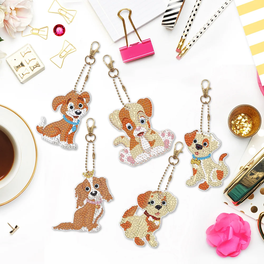 5pcs Diamond Painting Keyring Kits DIY Dog Keychain Bag Pendant(Double Sided)