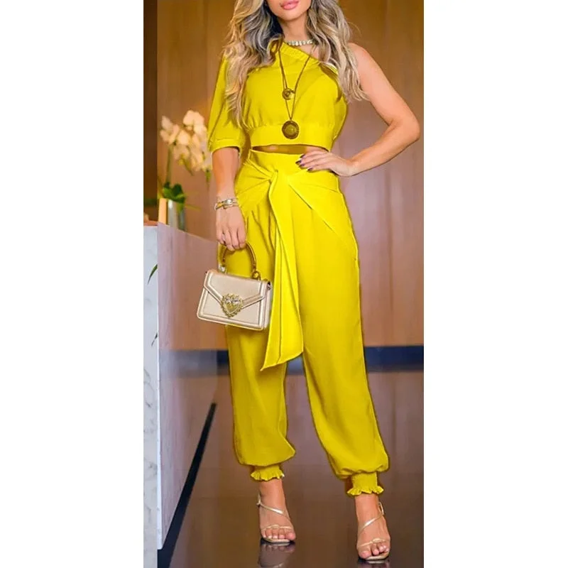 Graduation Gifts 2022 summer new ladies yellow casual suit wide leg pants 2-piece set