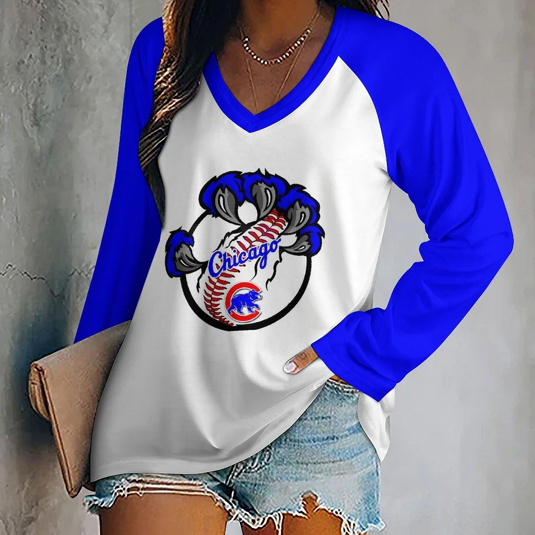 V-neck Long Sleeve Casual T-shirt for  Women and Men Printed with Pattern,Blue,Red