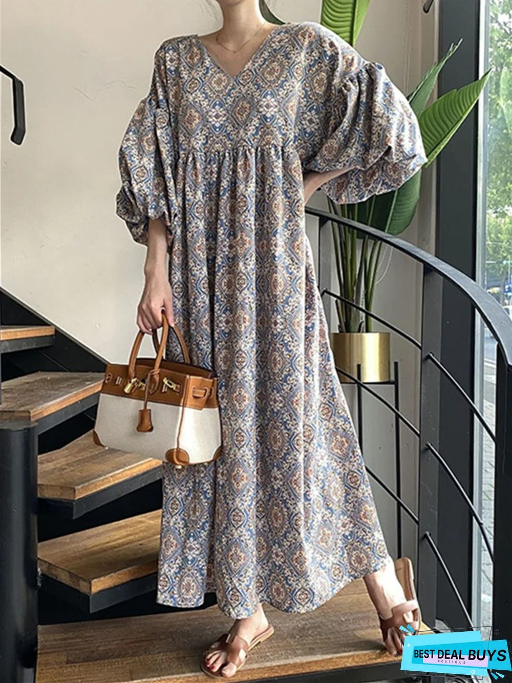 Printed V-Neck Loose Swing Lantern Sleeve Dress