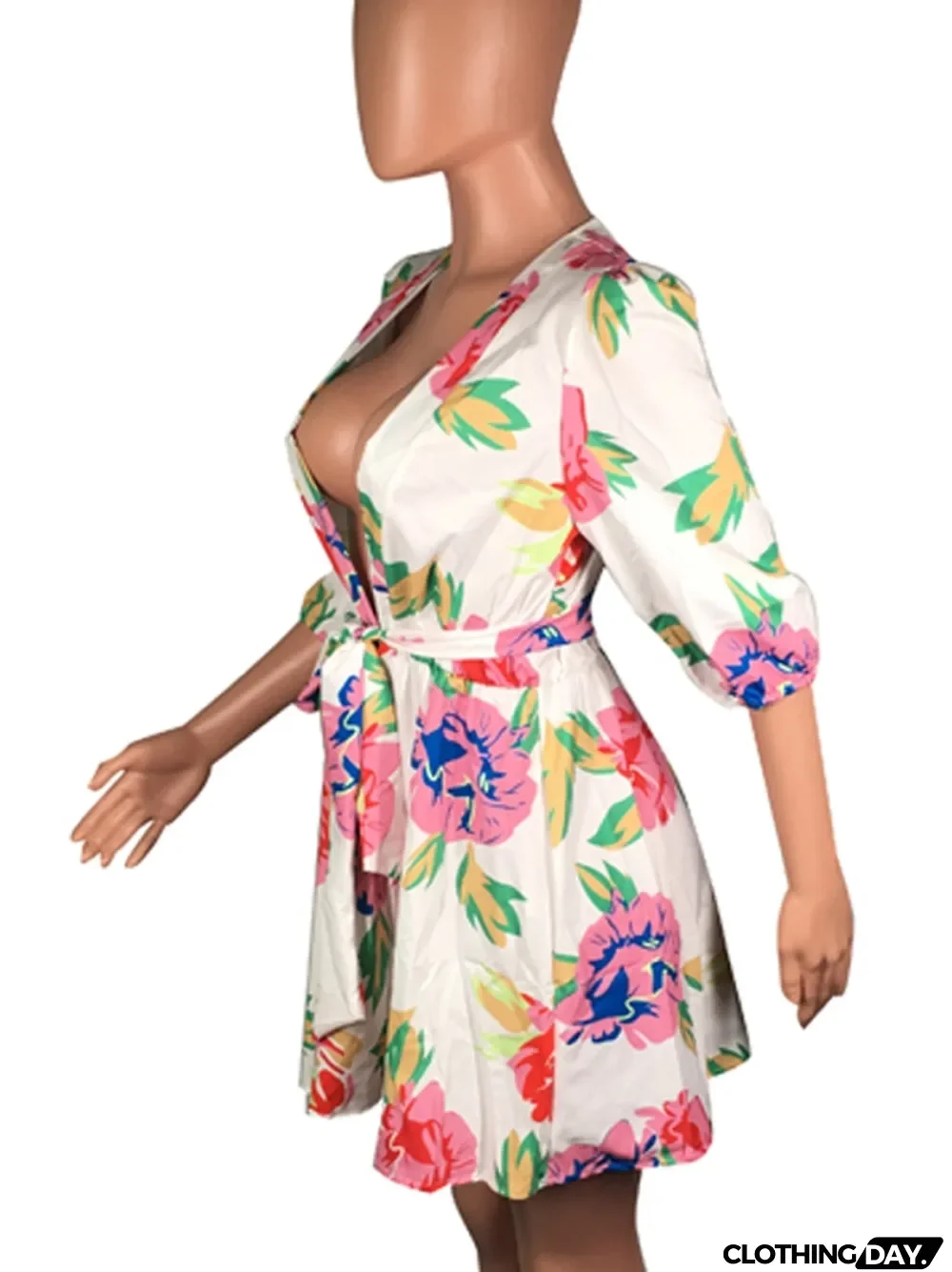 Autumn Casual Sexy Deep-V Floral White Skater Dress with Belt