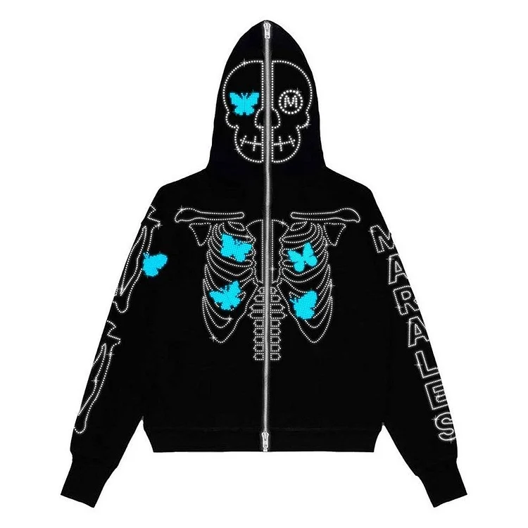 Rhinestone Blue Butterfly in Skull Streetwear Full Zip Up Hoodie Coats at Hiphopee