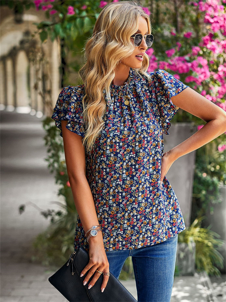 Spring and Summer Women's Loose Casual Tops Floral Round Neck Blouse Women
