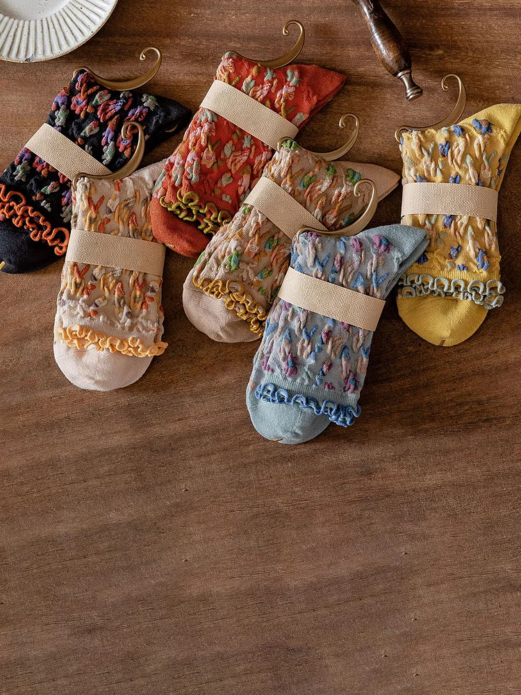 6 Pairs Japanese Floral Cotton Socks Women Vintage Socks