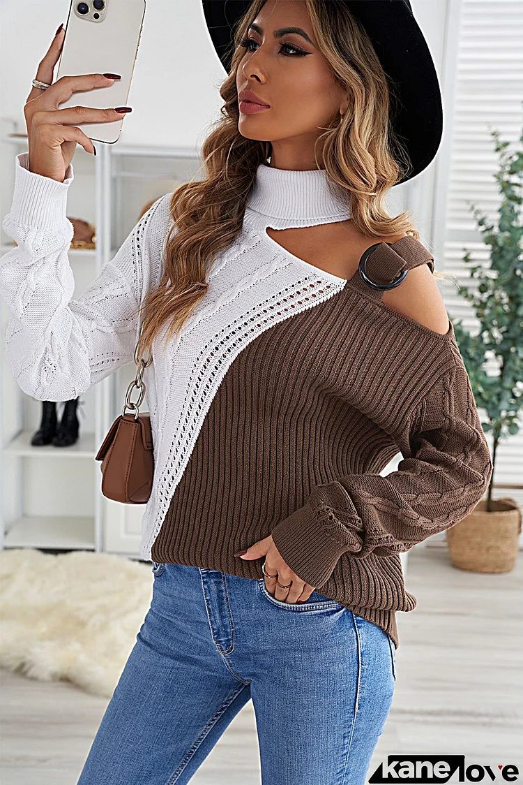 Chic Brown White Turtleneck Cold Shoulder Sweater