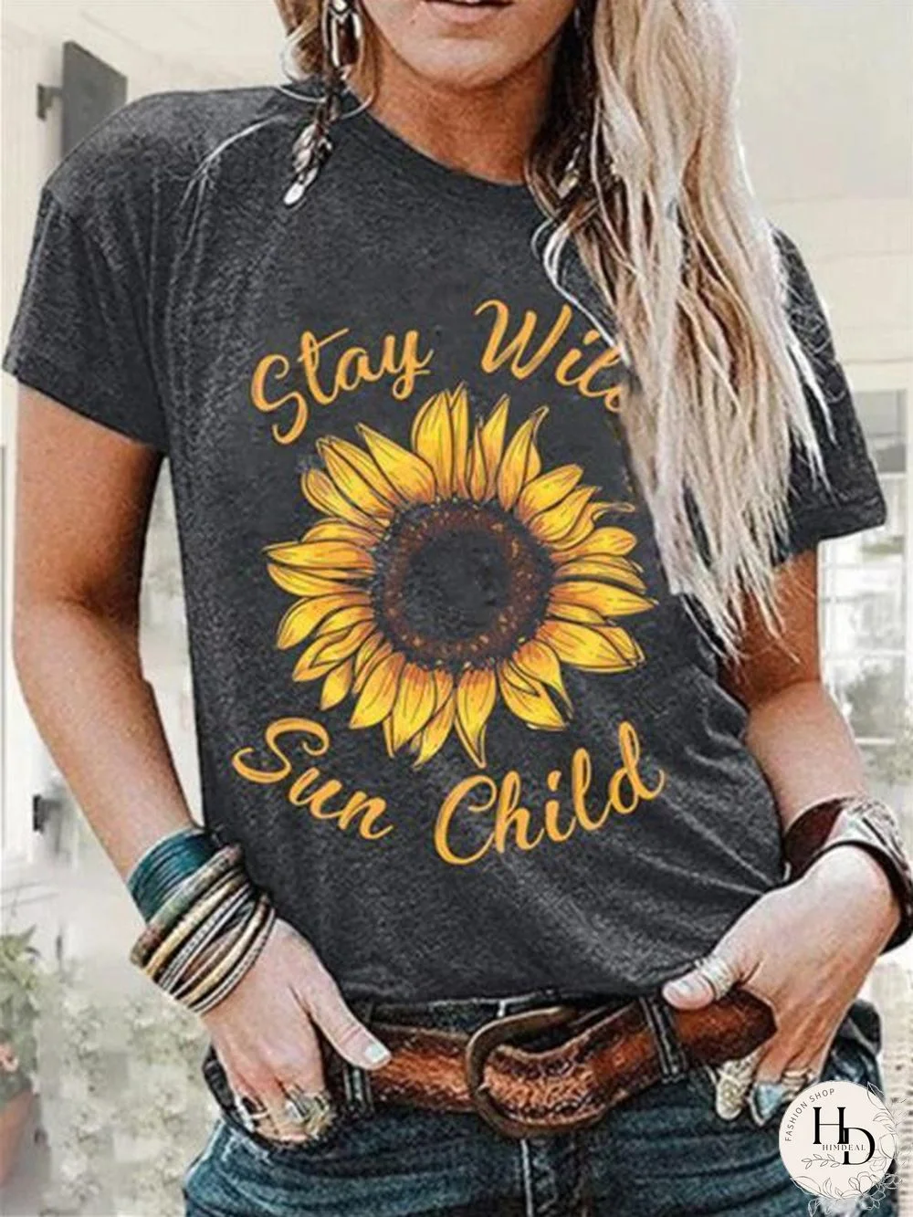Four Styles Women Sunflower Grey T-Shirt