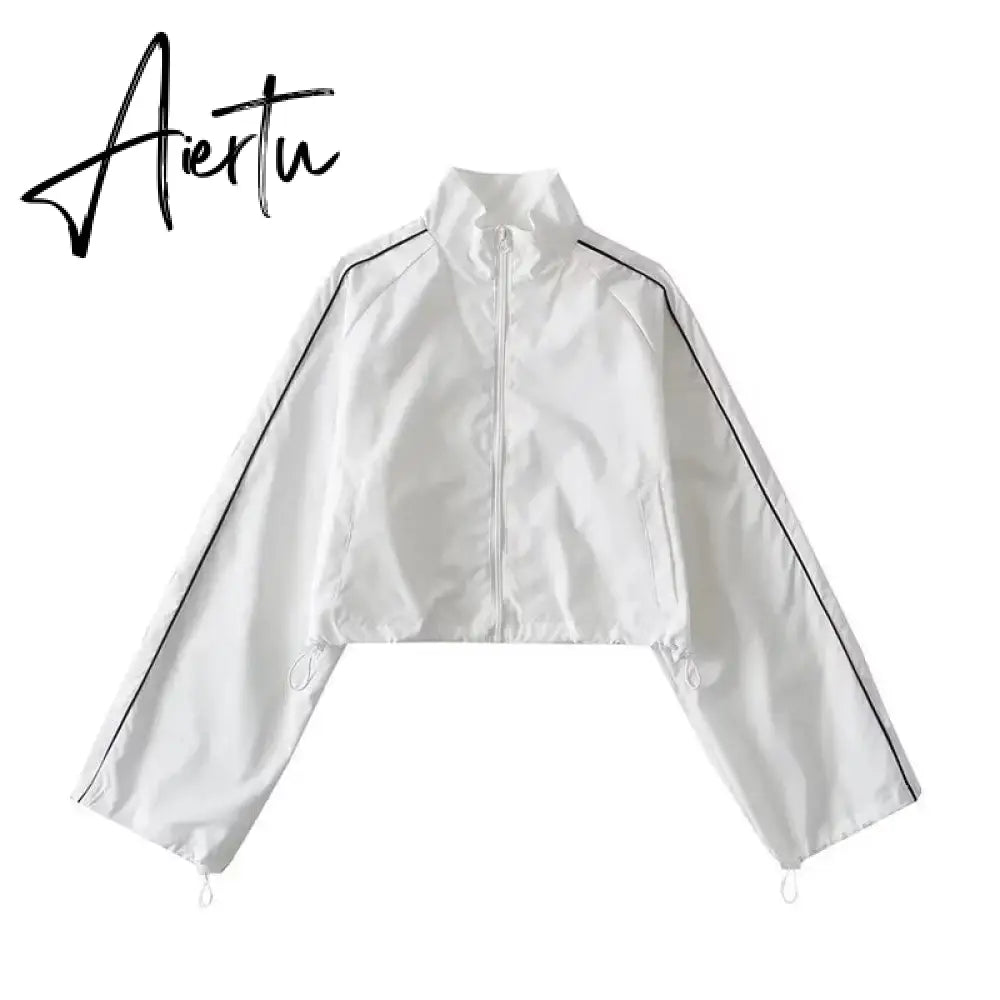 White Black Sports Tracksuits Set Women Windbreak Fast Dry Cropped Zip Up Jackets Coat Top Wide Leg Baggy Pants Trousers Aiertu