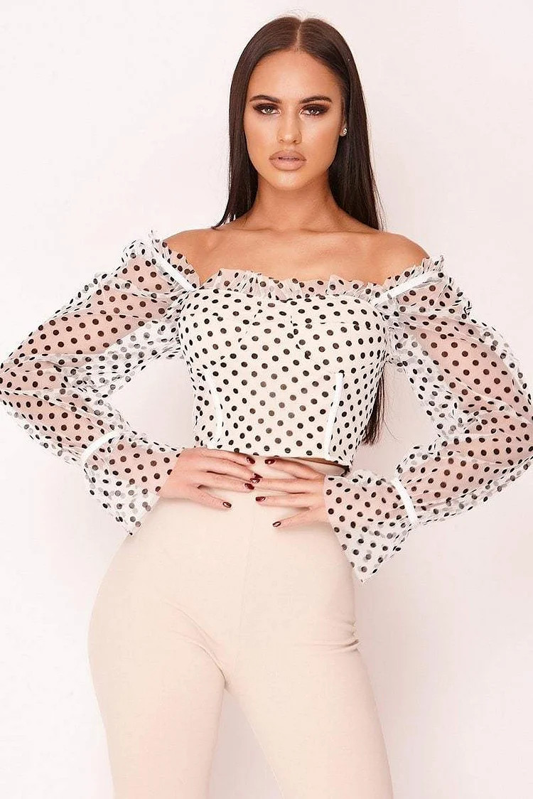 Beige Polka Dot Cupped Crop Top Katch Me