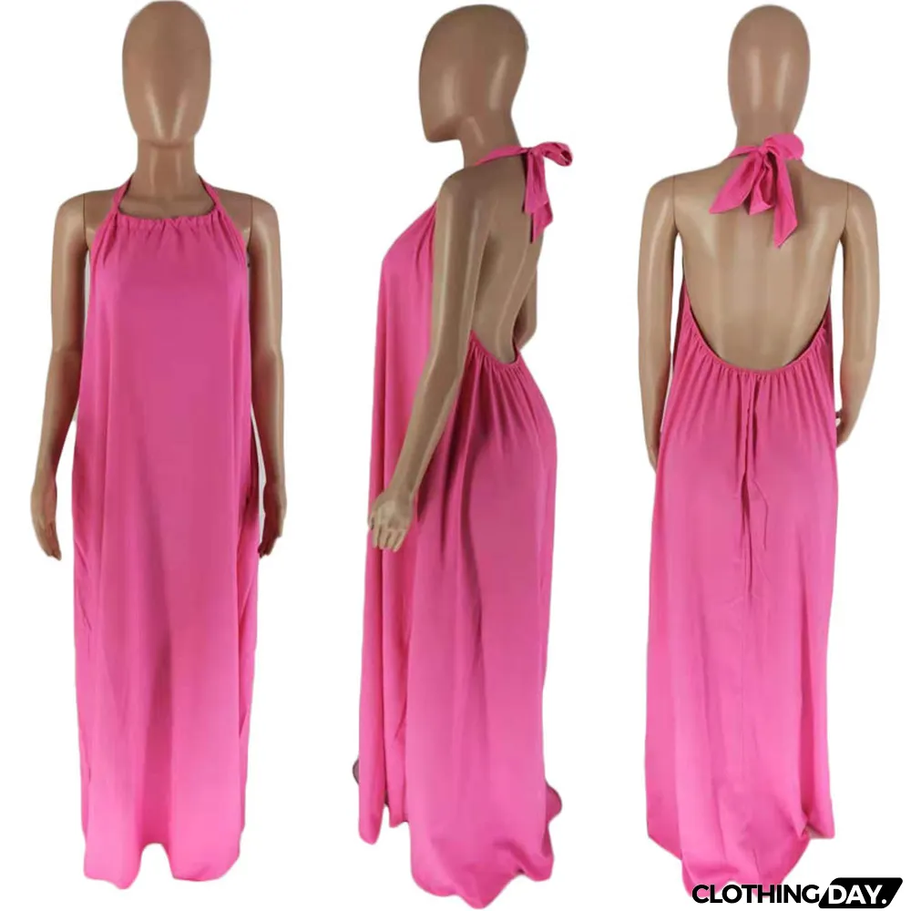Summer Women's Sleeveless Halter Neck Sexy Low Back Solid Color Maxi Dress
