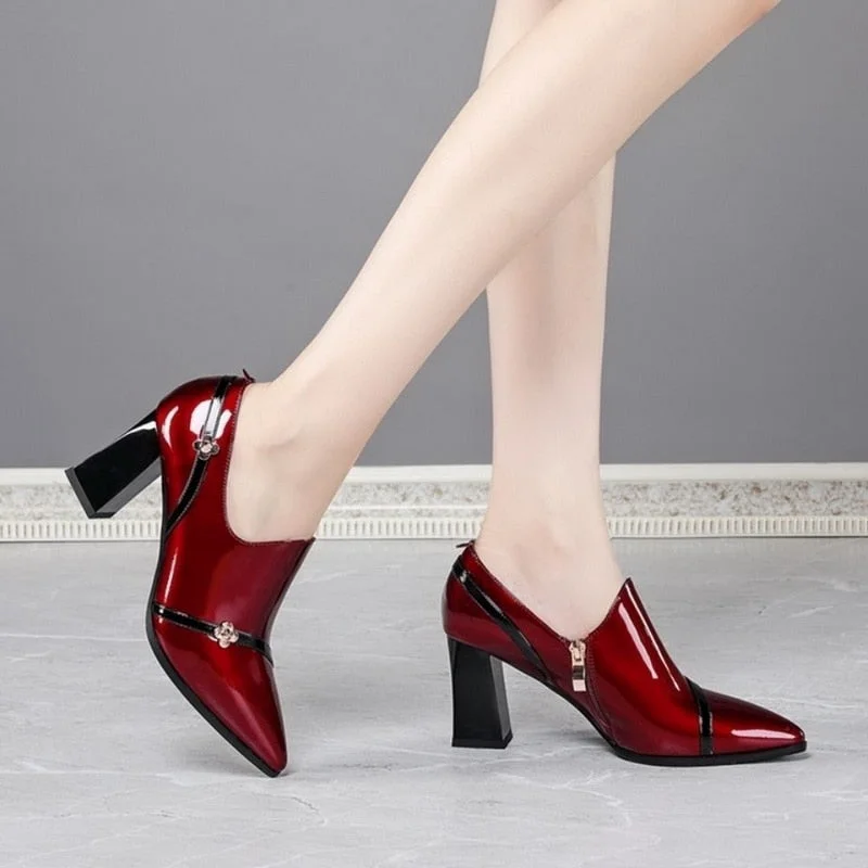 2020 New Autumn Shoes Woman High Heels Women's Pumps Soft Patent Leather Shoe Thick Heel Fashion Pointed toe Deep BLACK Wine-red