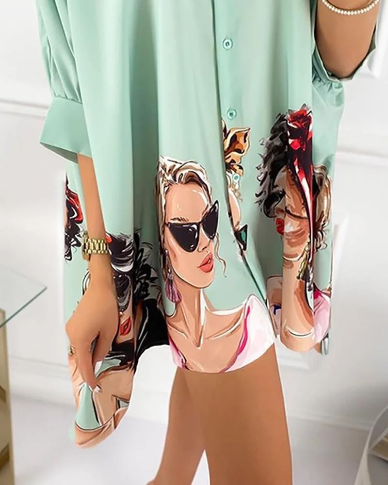 Stylish Printed Long Sleeve Shirt Dress
