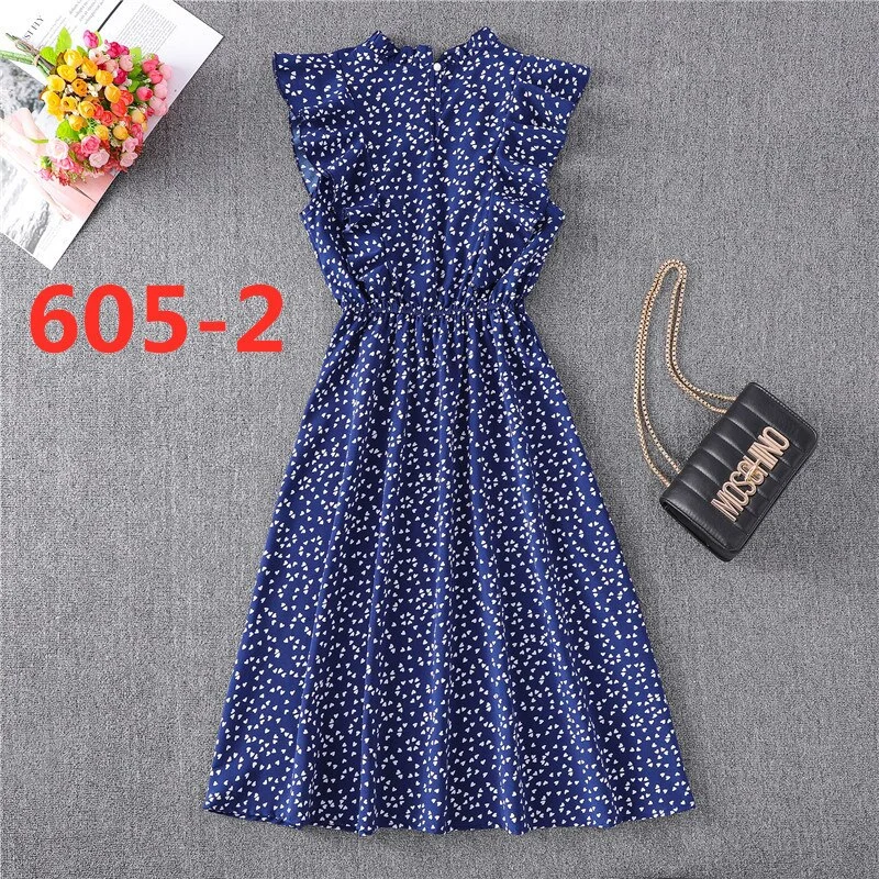 Women's Summer Red Polka Dotted Chiffon Sleeveless Standing Neck Loose Zipper Versatile Mid Length Dress Fairy Full Dress