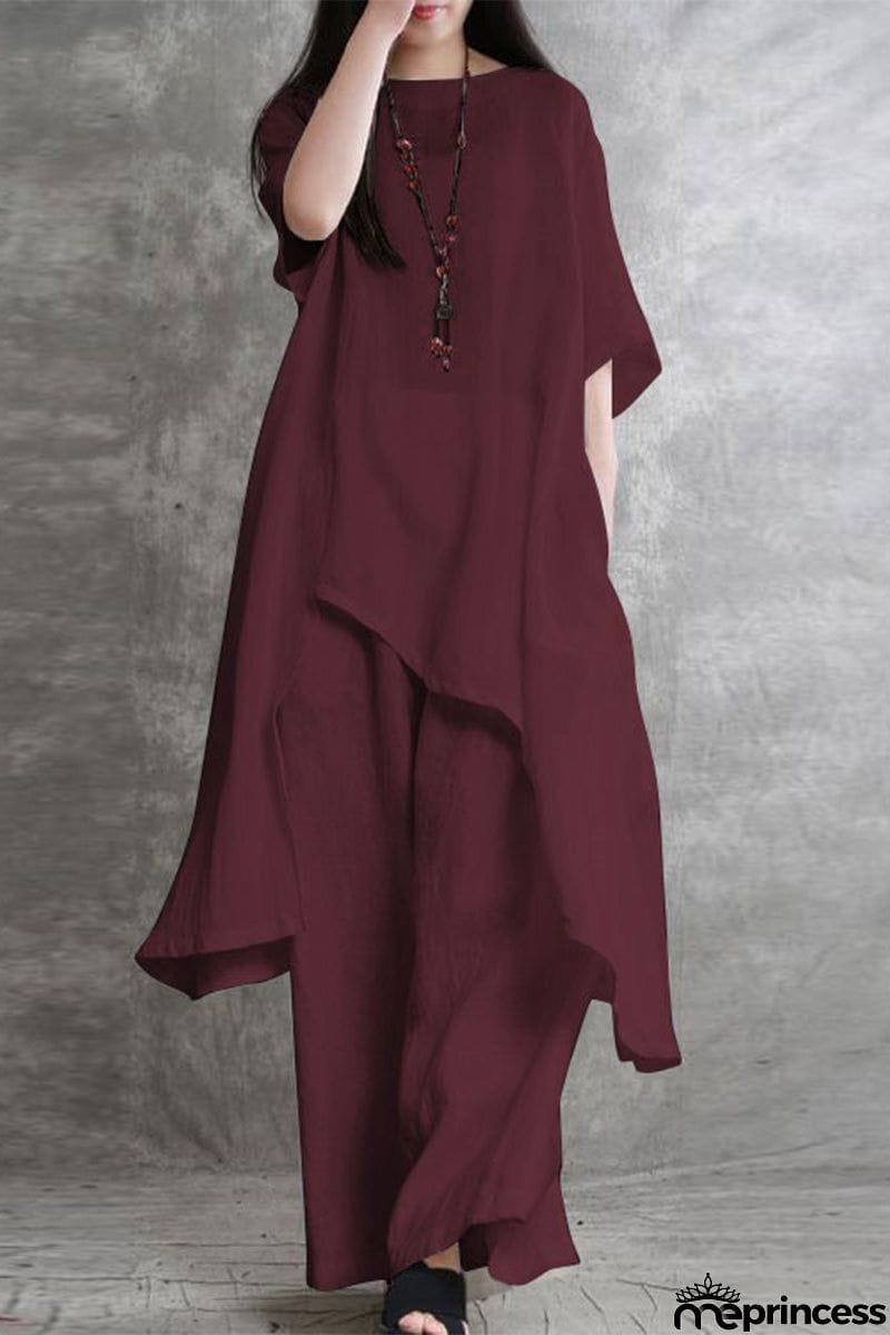 Casual Solid Pocket Asymmetrical O Neck Two Pieces