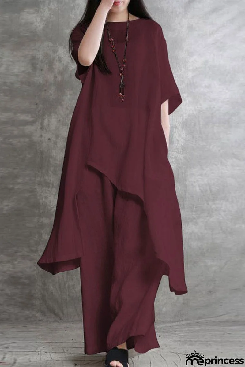 Casual Solid Pocket Asymmetrical O Neck Two Pieces