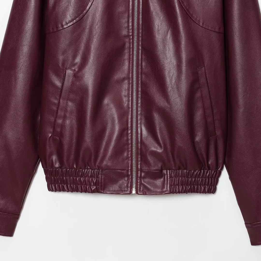 Nigikala Nigikala New Vintage Simple Collar Zipper Wine Red Leather Coat Woman