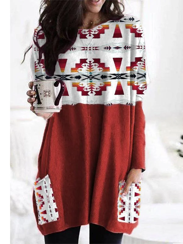 Women Long Sleeve Scoop Neck Printed Graphic Pockets Top