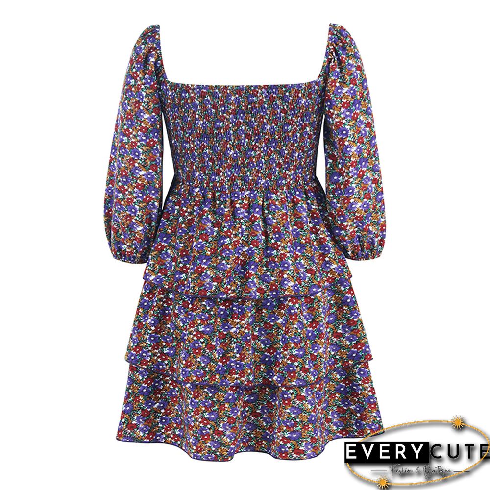 Purple Square Neck Layered Long Sleeve Floral Dress