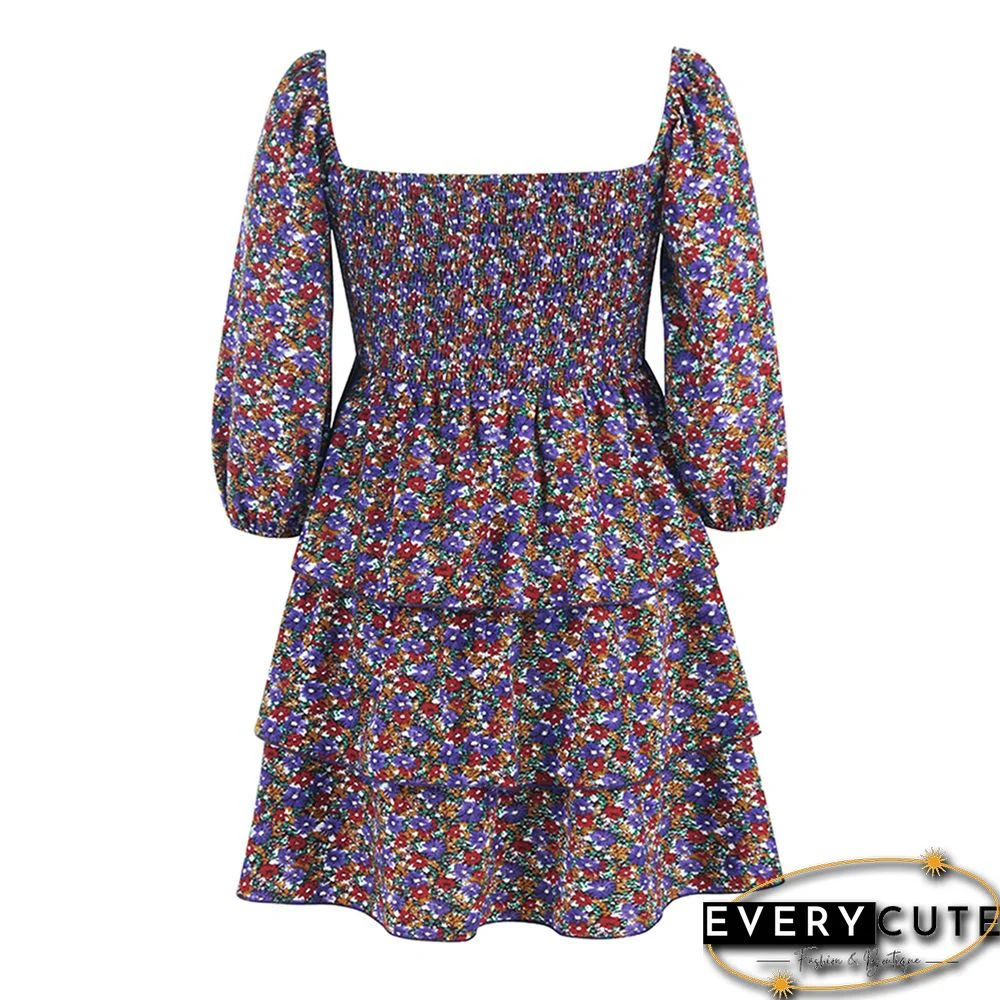 Purple Square Neck Layered Long Sleeve Floral Dress