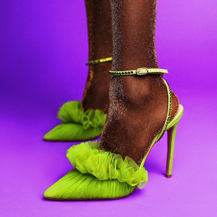 Hot Green Lace Pointed Heels Stiletto Slingback Ankle Strap Pumps |FSJ Shoes