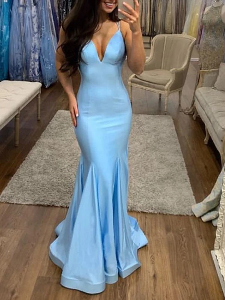 Promsstyle Promsstyle Spaghetti straps deep v neck plain mermaid evening dress Prom Dress 2023
