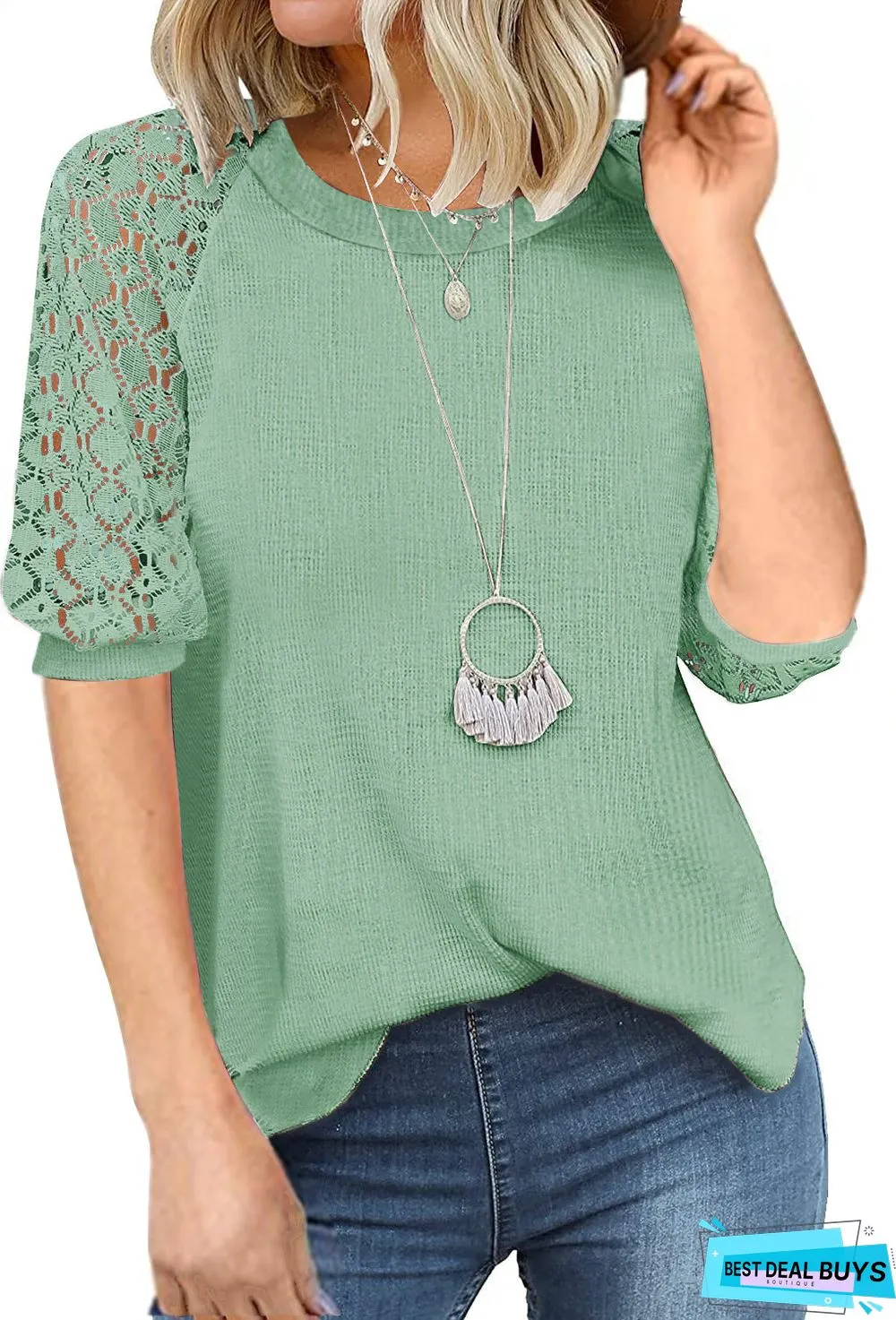 Women T-shirt Lace Stitching Pullover Round Neck Short-sleeved Top