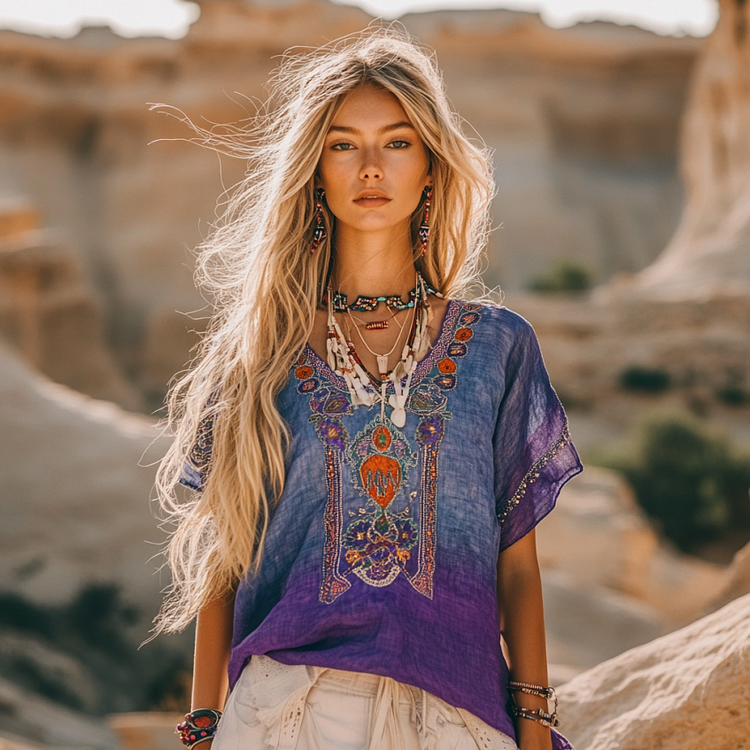 Utbros Vintage Bohemian Ethnic Gradient Linen Art Print Short Sleeve V-neck Shirt