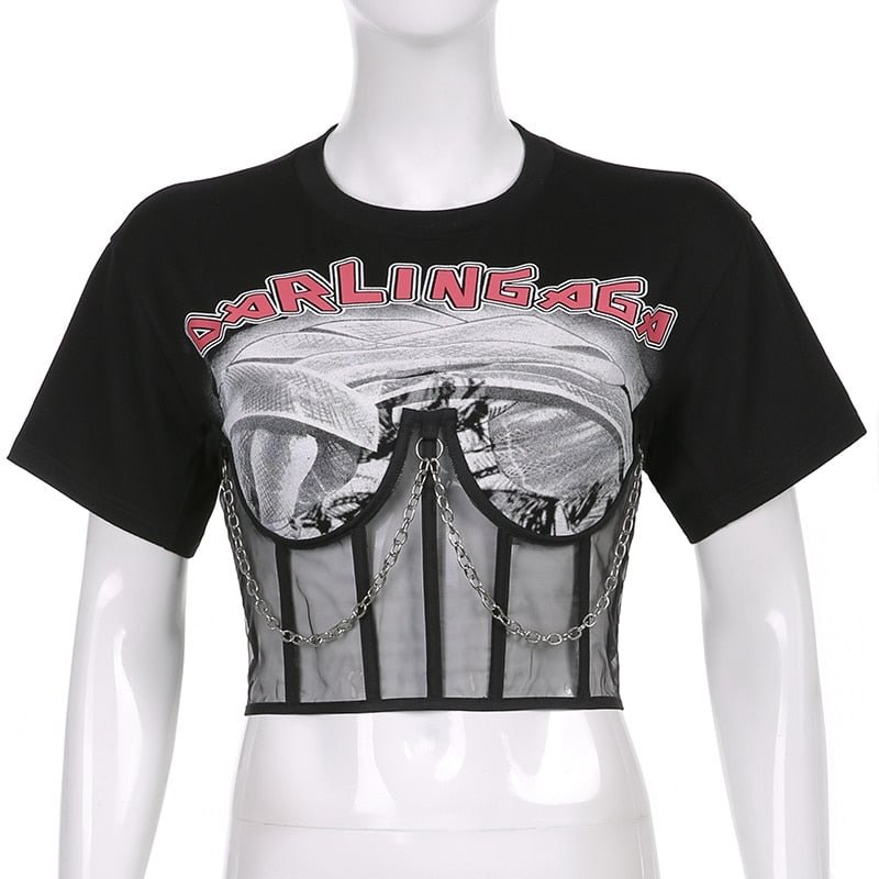 Sweetown Gothic Techwear Patchwork Print Corsets T-Shirts Woman Dark Academic Chains Punk Girl Tees Short Sleeve Black Tops