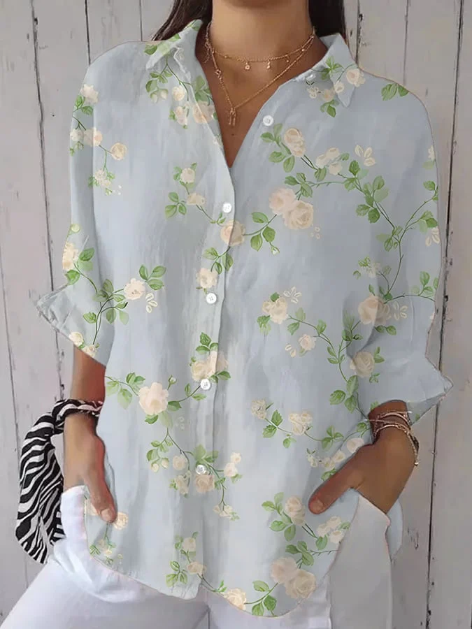 Women's Casual Retro Floral Cotton And Linen Shirt 