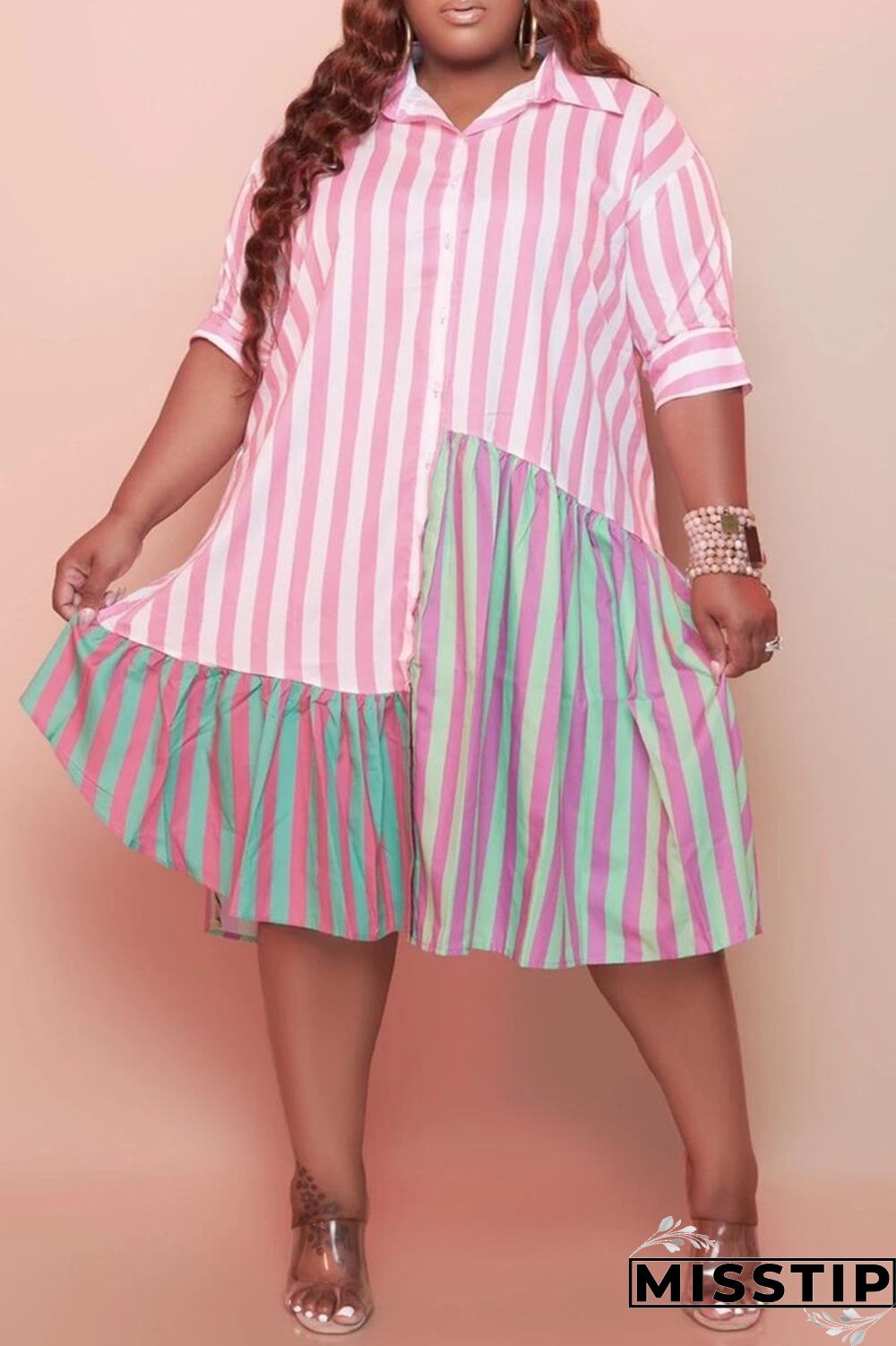 Brown Fashion Plus Size Striped Print Patchwork Turndown Collar Shirt Dress (Without Belt)