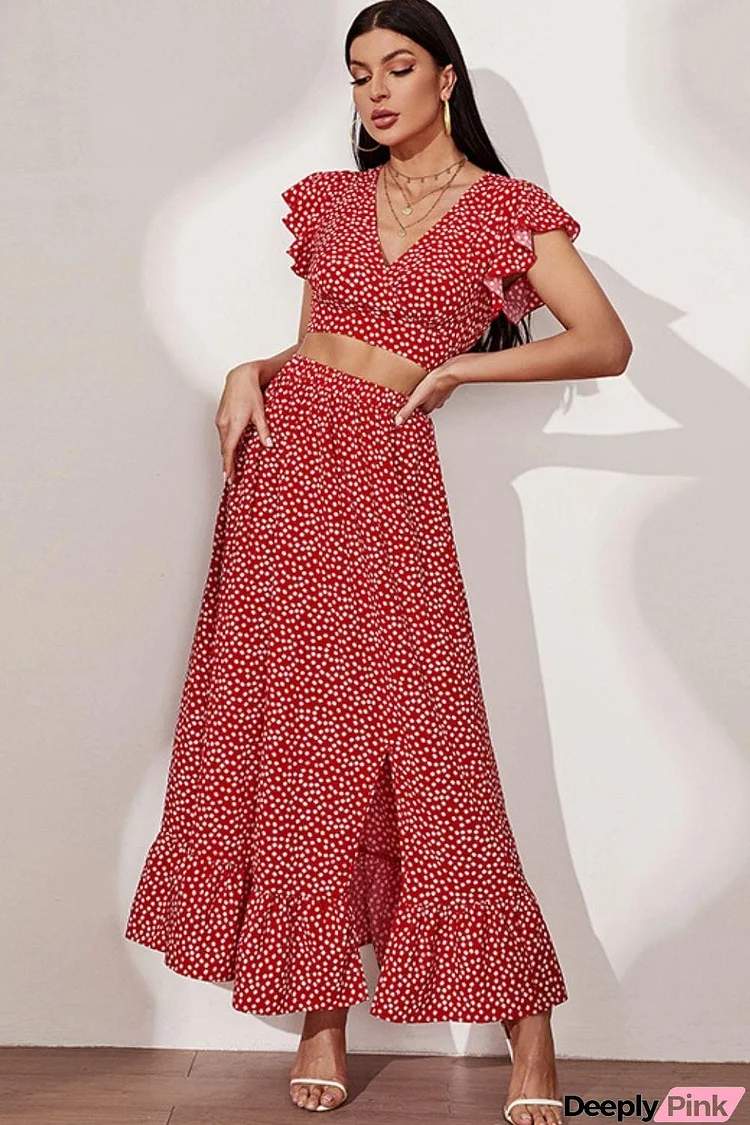 Printed Flutter Sleeve Crop Top and Ruffle Hem Slit Skirt