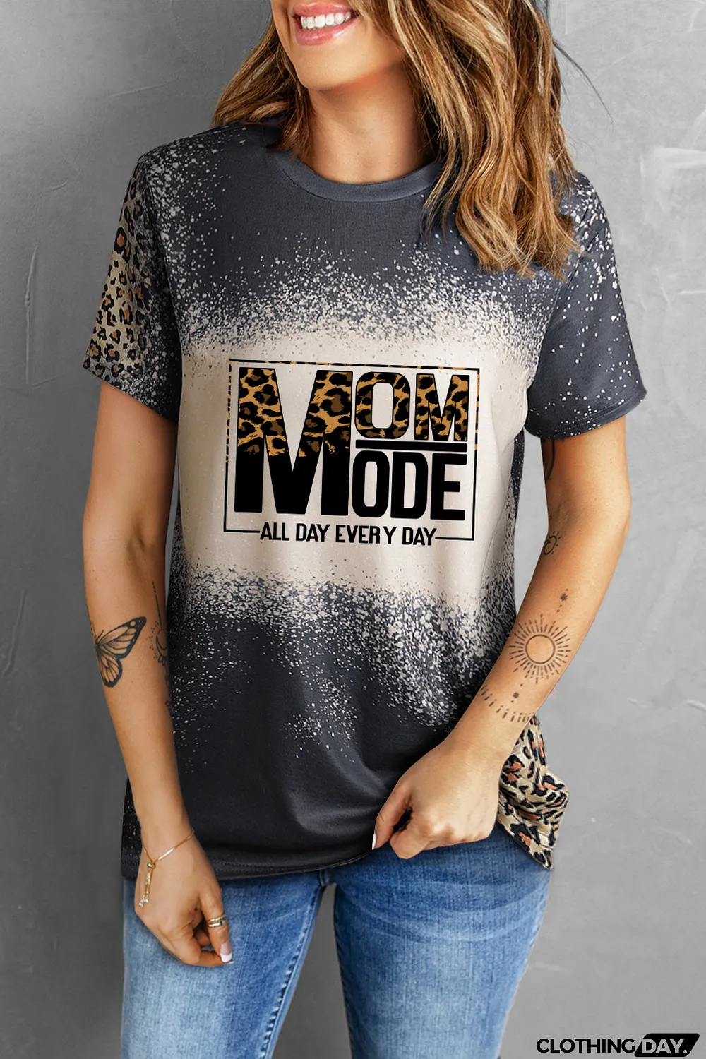Gray MOM MODE Leopard Bleach Print Vintage Graphic Tee