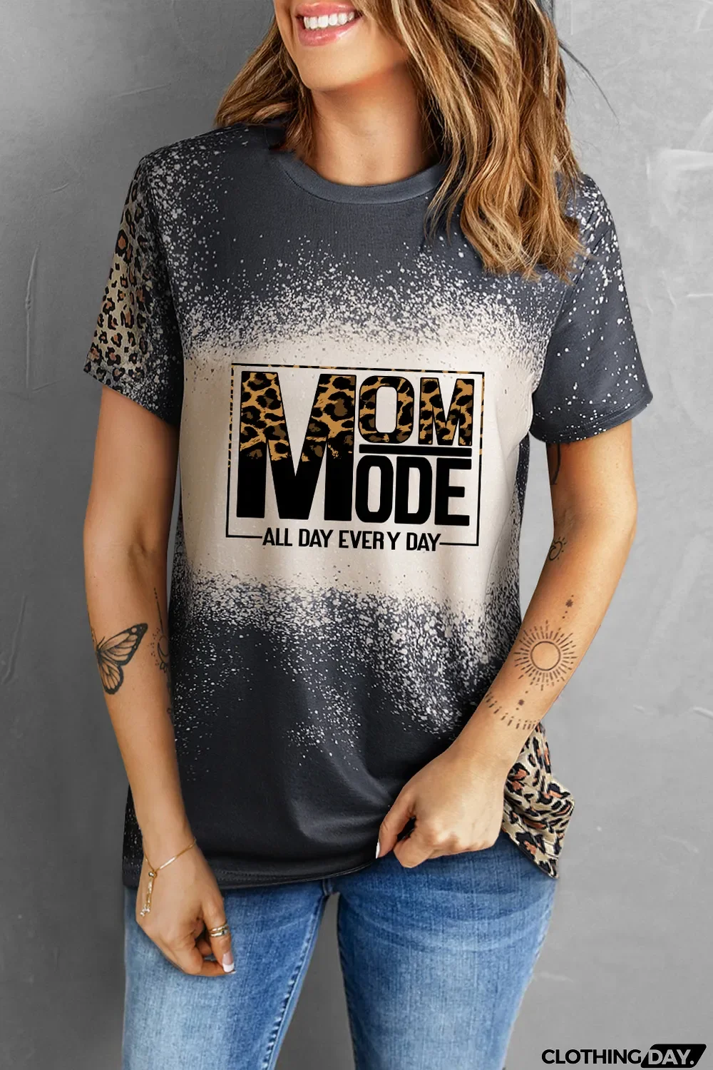 Gray MOM MODE Leopard Bleach Print Vintage Graphic Tee