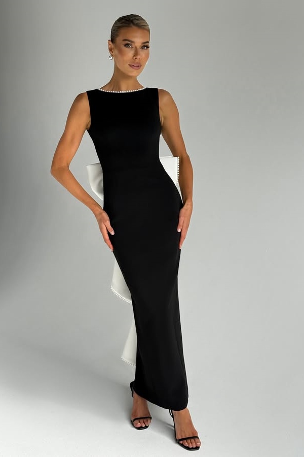 Ovlias Black Boat Neck Sleeveless Prom Dress Backless Mermaid with  Beaded JQ0042