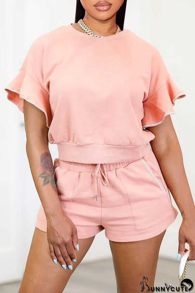 Pink Fashion Casual Solid Basic O Neck Short Sleeve Two Pieces