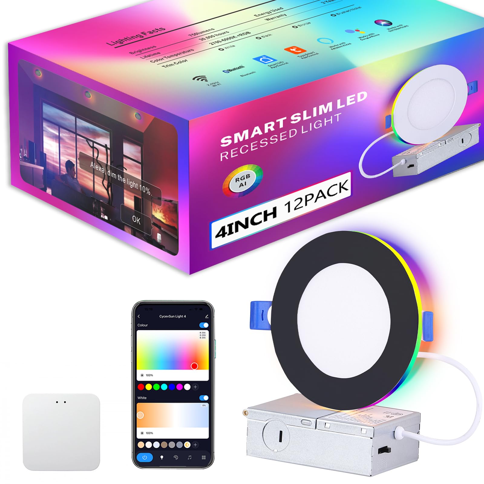 12 Pack 4 Inch Smart Recessed Lightingwith RGB Color