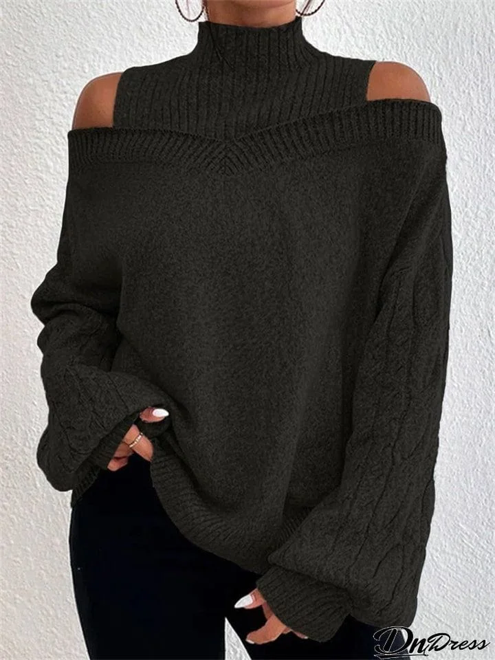 Unique Bold Off Shoulder Half High Collar Women's Sweaters