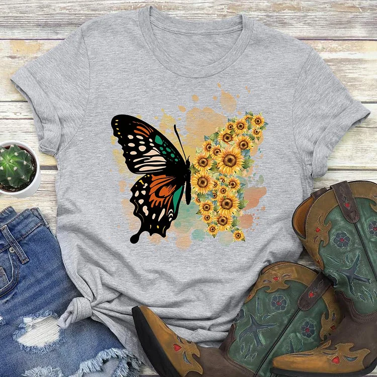 Sunflower Butterfly Round Neck T-shirt-0018887