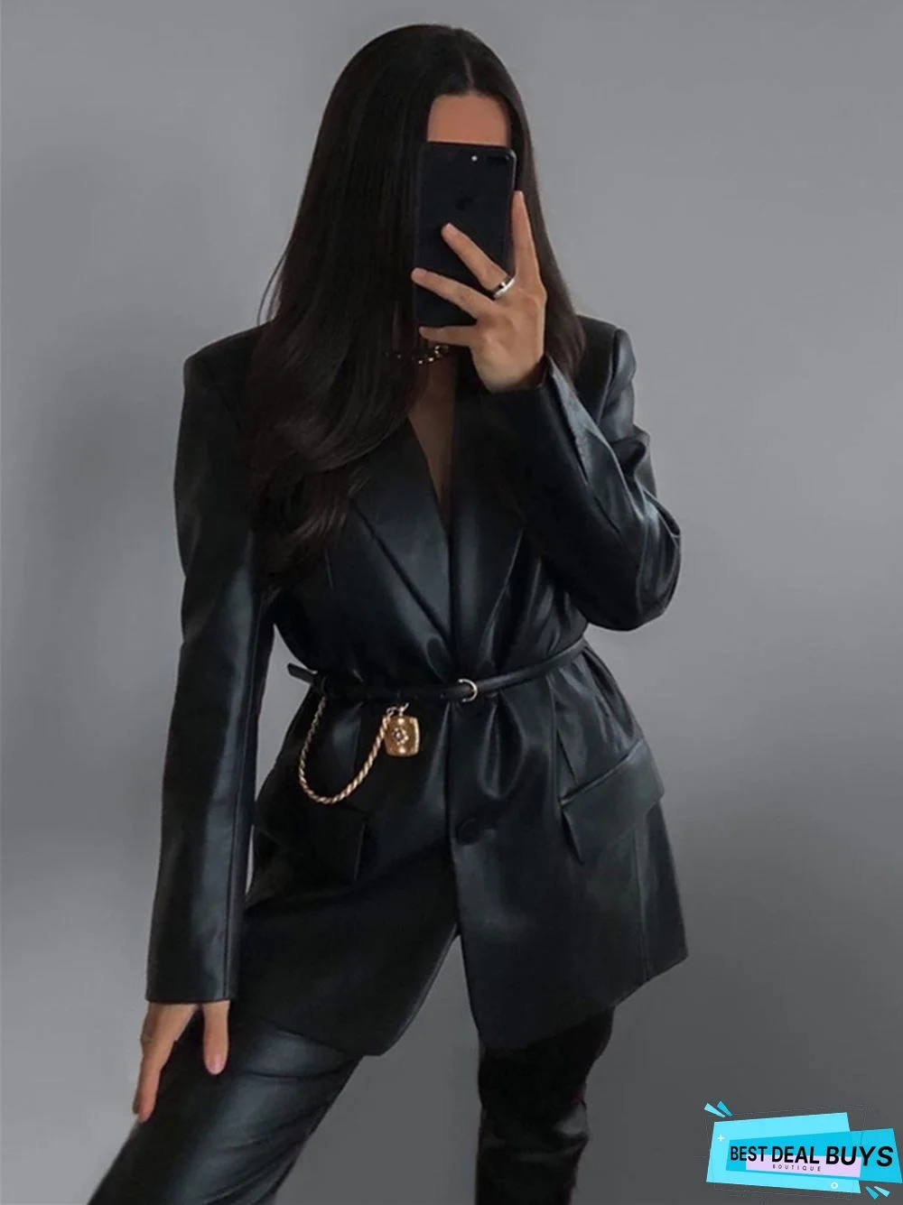 Solid Color Suit Collar Fake Pocket Fashion Casual Women's Leather Coat