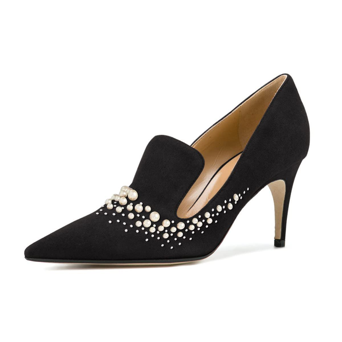 Black Suede Pointed Toe Chunky Heel Pumps with Pearl Nicepairs
