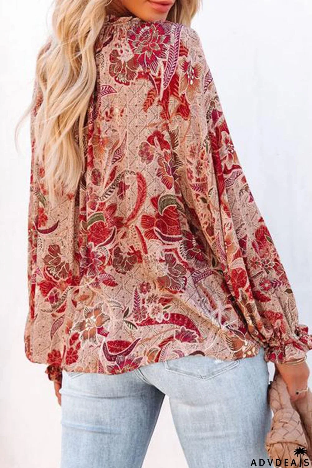 Split V Neck Printed Blouse