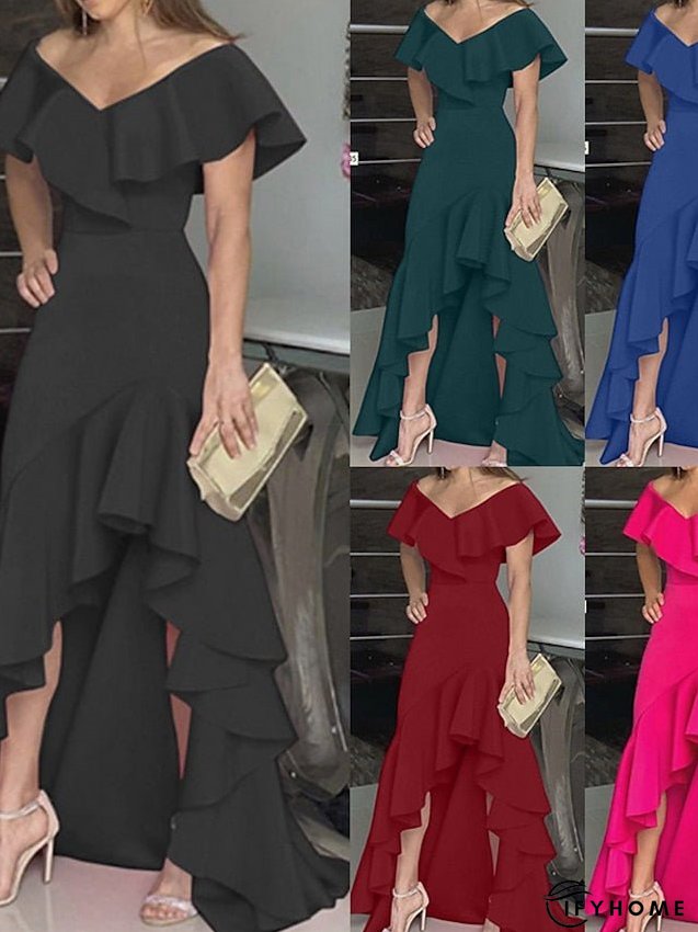 Party Dress Maxi long Dress Green Black Wine Fuchsia Dark Blue Short Sleeve Pure Color Ruffle Plus High Low Fall Spring V Neck Elegant Formal Party S M L XL XXL 3XL 4XL 5XL for Women | IFYHOME
