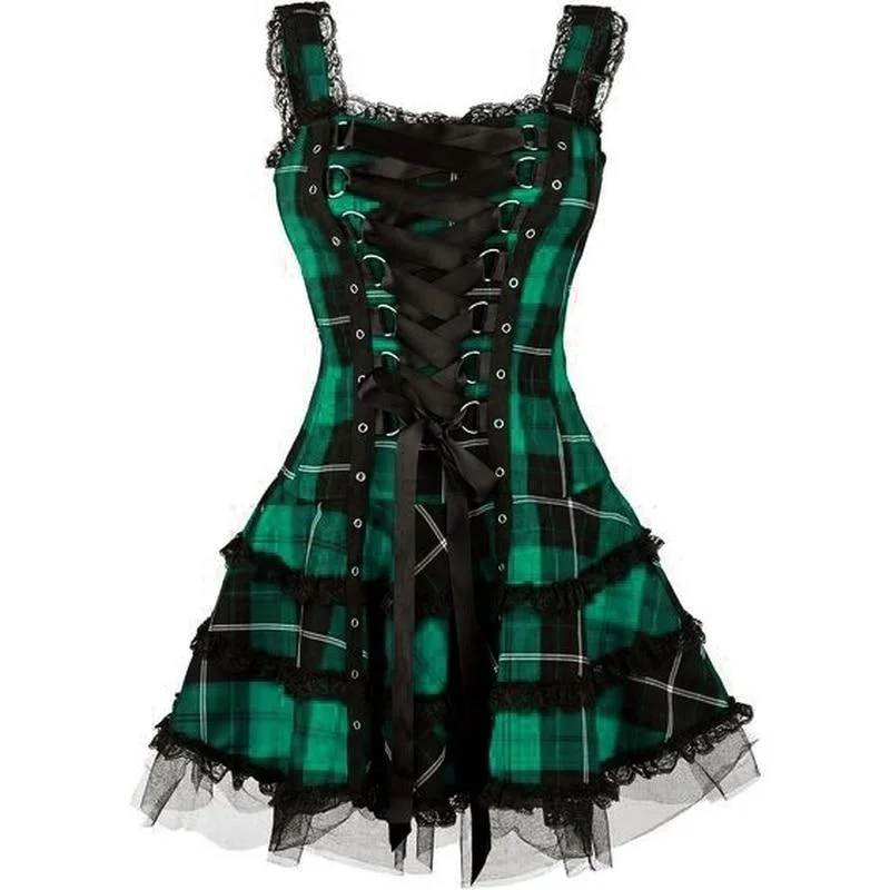 Plaid Dress Gothic Spaghetti Strap Lace Up Mini Halloween Costume