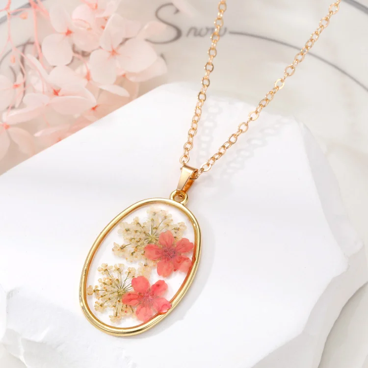Oval Natural Dried Flower Resin Necklace-Orange