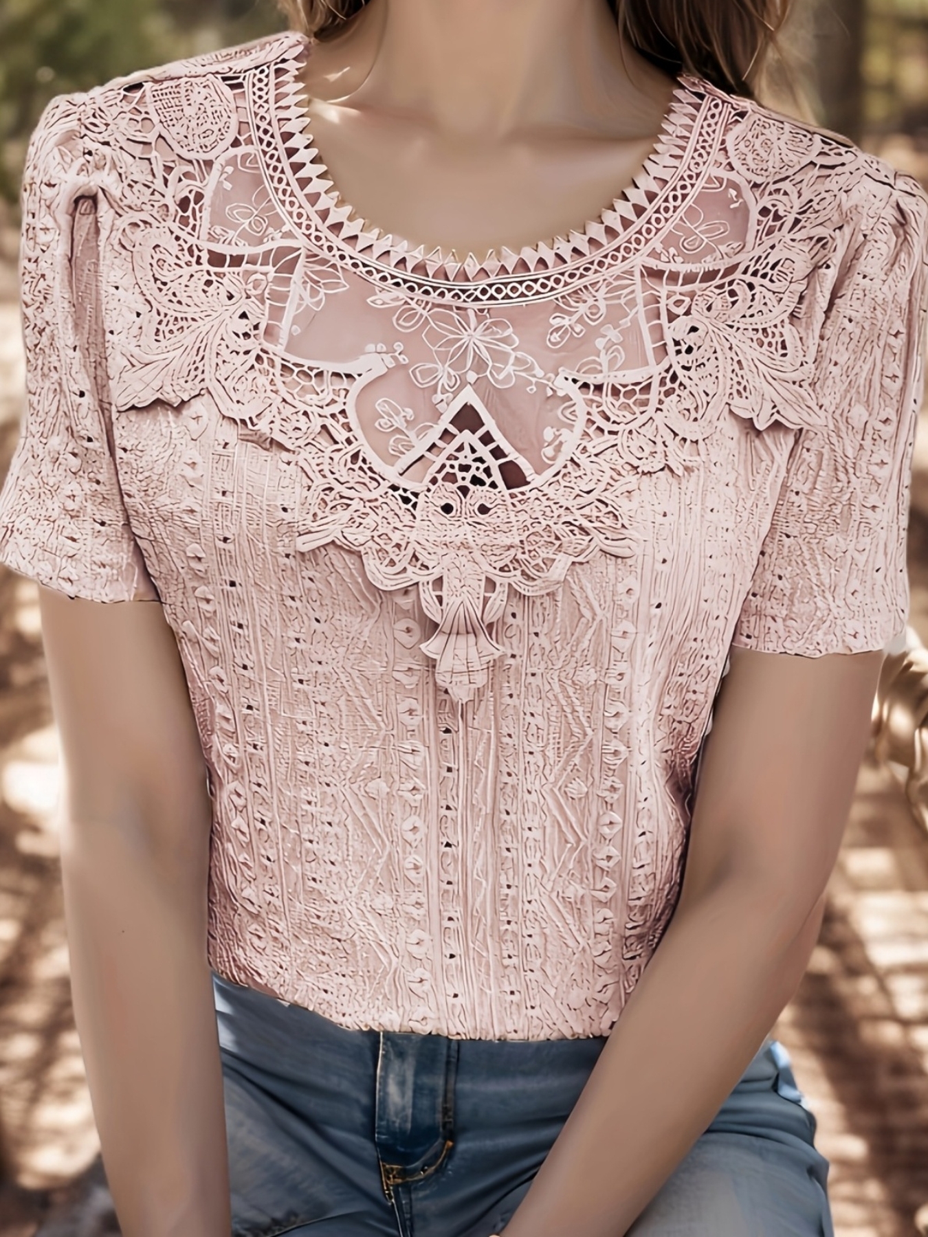 Women's Elegant Lace Short Sleeve Crop Top - Light Blue, Round Neck, Sheer Detail, Perfect For Spring/Summer Casual Outings And Music Festivals, Music Festival Attire | Lace Detail Shirt | Breathable Fabric, Ladies Blouse | IFYHOME