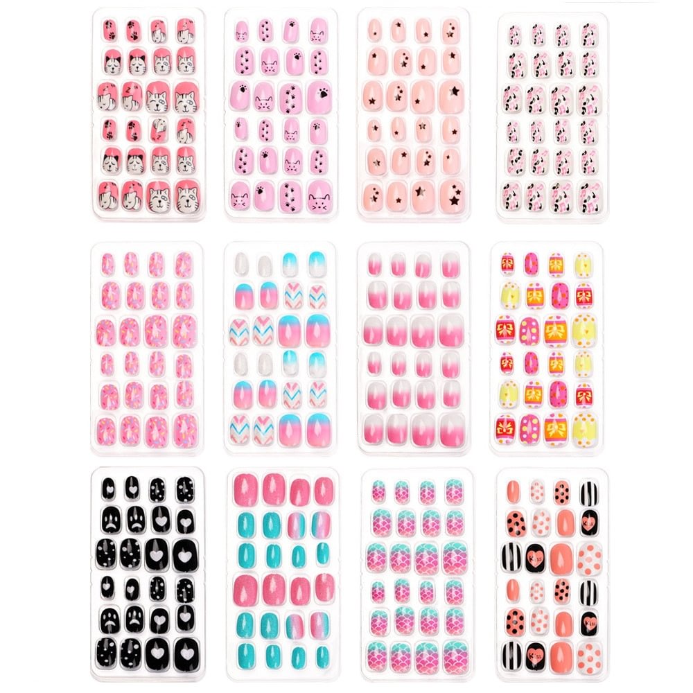 24pcs Child False Nails Detachable Press On Nail Wearable Fake Nails Manicure Tool Kids Artificial Full Cover Nail Art Tips