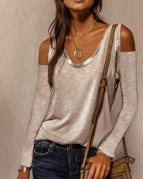 Off Shoulder V-Neckline Long Sleeve Blouses